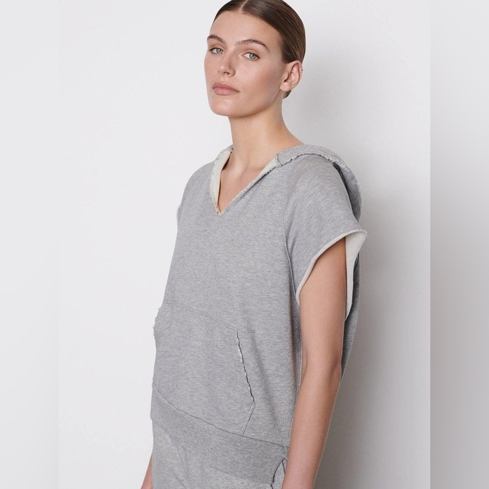 FRAME Destructed Cap Sleeve Hoodie in Gris Heather